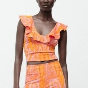 Zara Orange Pink Paisley Ruffled Top Size Large Hippie Artsy Festival Boho Indie